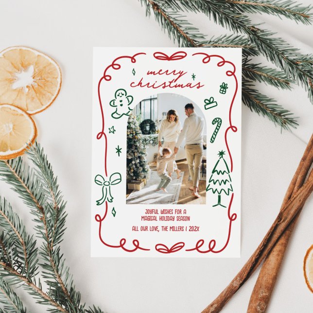 Handgezeichnetes Foto Feiertagskarte (Whimsical Hand Drawn Family Photo Christmas Card)