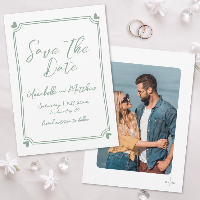 Handgezeichnetes Foto Grüne Whimsikale Hochzeit Save The Date (Hand Drawn Photo Green Whimsical Wedding Save the Date)