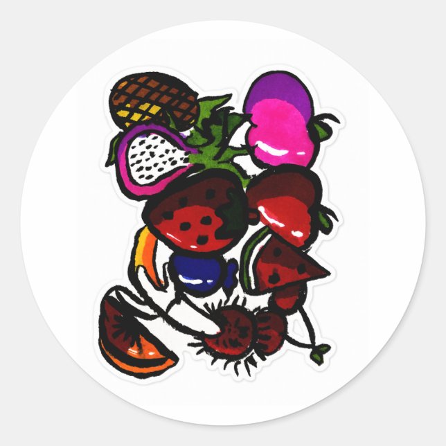 Handgezeichnetes Frucht-Sticker-Pack – Farbige Tro Runder Aufkleber (Vorderseite)