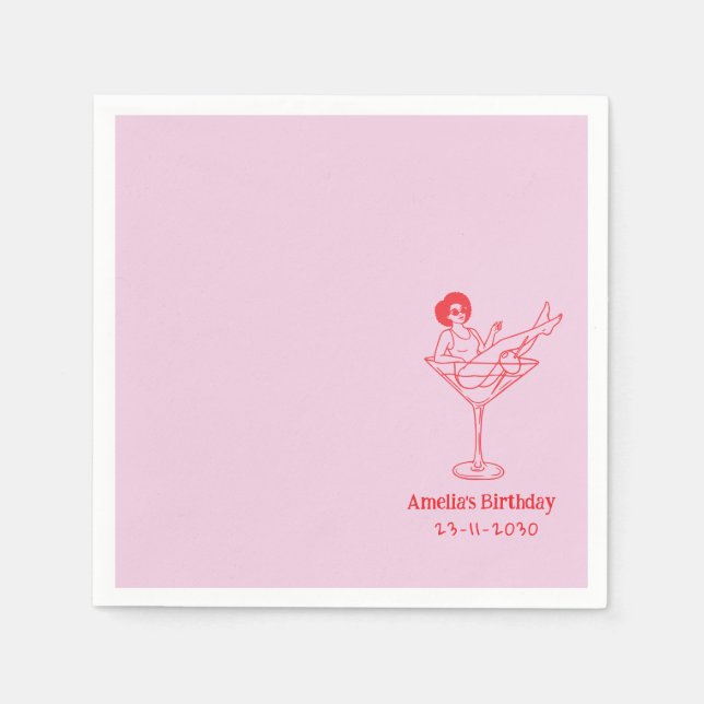 Handgezeichnetes funky Cocktail Mädchen Geburtstag Serviette (Vorderseite)