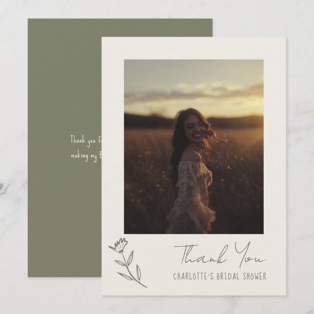 Handgezeichnetes, grün weißes Brautparty Dankeskarte (Vorne/Hinten)