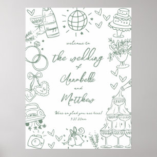 Handgezeichnetes grünes skurriles Hochzeits-Willko Poster