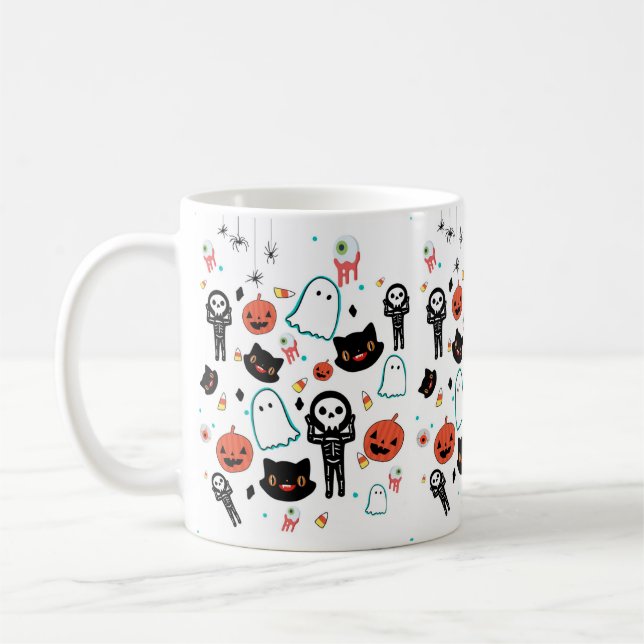 Handgezeichnetes Halloween-Skeleton-Geistermuster Kaffeetasse (Links)