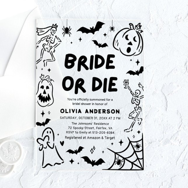 Handgezeichnetes Halloween Skeleton Ghost-Brautpar Acryleinladungen (Hand Drawn Halloween Skeleton Ghost Bridal Shower Acrylic Invitations)
