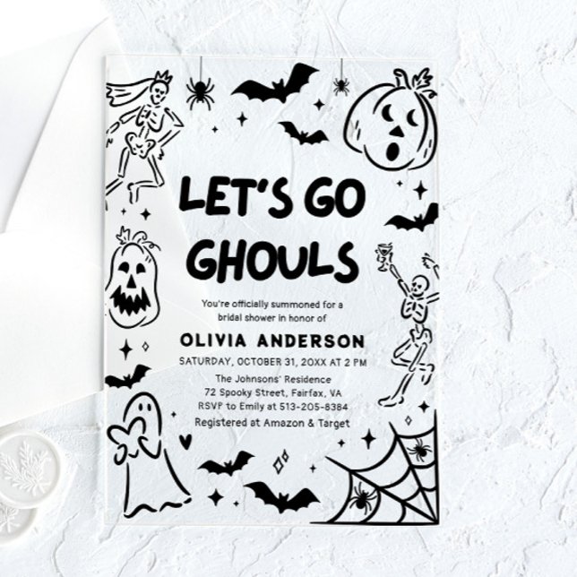 Handgezeichnetes Halloween Skeleton Ghost-Brautpar Acryleinladungen (Hand Drawn Halloween Skeleton Ghost Bridal Shower Acrylic Invitations)