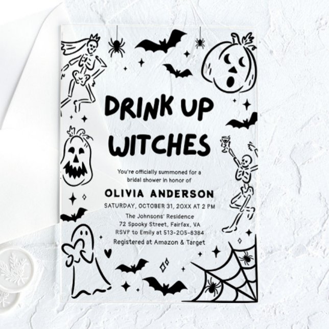 Handgezeichnetes Halloween Skeleton Ghost-Brautpar Acryleinladungen (Hand Drawn Halloween Skeleton Ghost Bridal Shower Acrylic Invitation)