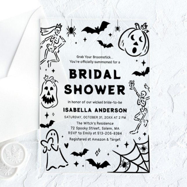 Handgezeichnetes Halloween Skeleton Ghost-Brautpar Acryleinladungen (Hand Drawn Halloween Skeleton Ghost Bridal Shower Acrylic Invitation)