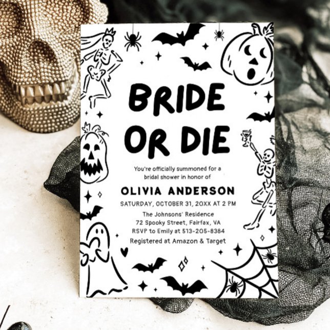 Handgezeichnetes Halloween Skeleton Ghost-Brautpar Einladung (Hand Drawn Halloween Skeleton Ghost Bridal Shower Invitation)