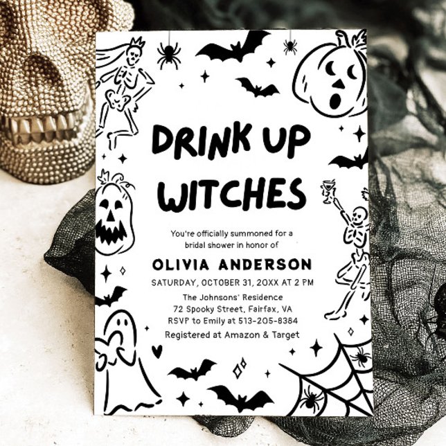 Handgezeichnetes Halloween Skeleton Ghost-Brautpar Einladung (Hand Drawn Halloween Skeleton Ghost Bridal Shower Invitation)