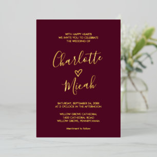 Handgezeichnetes Herz   Gold Foil Text Burgundy We Folieneinladung