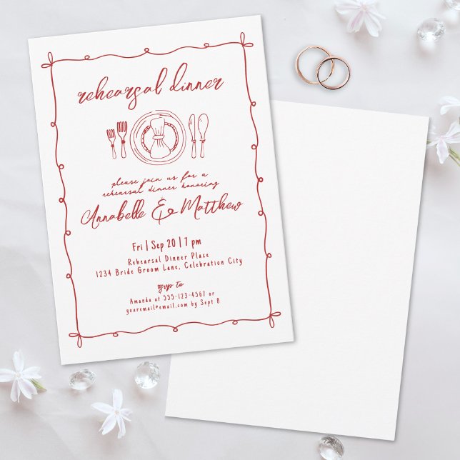 Handgezeichnetes Hochzeitessen Probe Einladung (Hand Drawn Red Wedding Rehearsal Dinner Invitation)