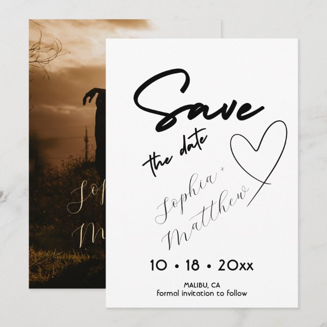 Handgezeichnetes Hochzeitsfoto Save The Date (Vorne/Hinten)