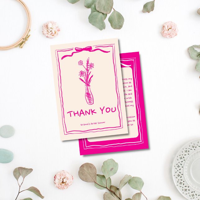 Handgezeichnetes, in Retro-Rosa-Band-Brautparty Dankeskarte (Handdrawn scribble retro pink ribbon bridal shower thank you card handwriting font girl thank you )