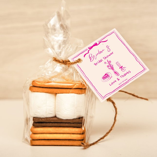 Handgezeichnetes, in Retro-Rosa-Band-Brautparty Geschenkanhänger (Handdrawn scribble retro pink ribbon bridal shower thank you favor tags minimalist handwriting )