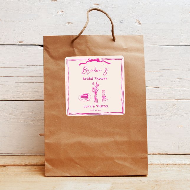 Handgezeichnetes, in Retro-Rosa-Band-Brautparty Quadratischer Aufkleber (Handdrawn scribble retro pink ribbon minimalist bridal shower thank you favor sticker)