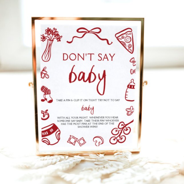 Handgezeichnetes italienisches Baby Dont Say Baby  Poster (Hand Drawn Italian Baby Dont Say Baby Baby Shower Sign )