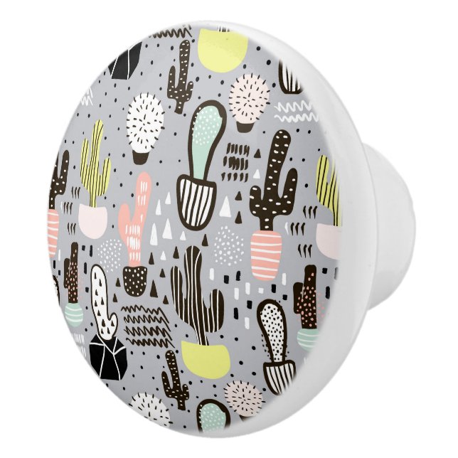 Handgezeichnetes Kakteen-Muster Keramikknauf (Rechts)