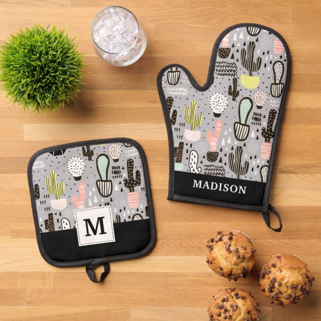 Handgezeichnetes Kaktusmuster Ofenhandschuh & Topflappen-Set (Oben Unten)
