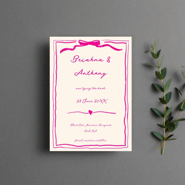 Handgezeichnetes, knabriges, rosa Band Save The Date (Hand drawn quirky scribble retro pink ribbon save the date template invitation digital download)