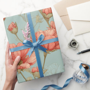Handgezeichnetes Korallenblumen-Mint-Blumenmuster Geschenkpapier