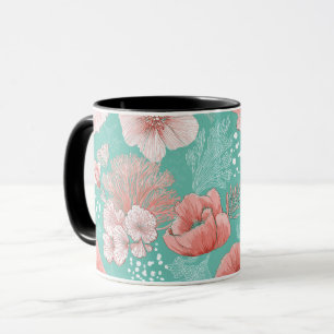 Handgezeichnetes Korallenblumen-Minz-Blumenmuster Tasse