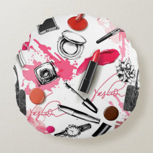 Handgezeichnetes Make-up, vintagegrafisches Muster Rundes Kissen