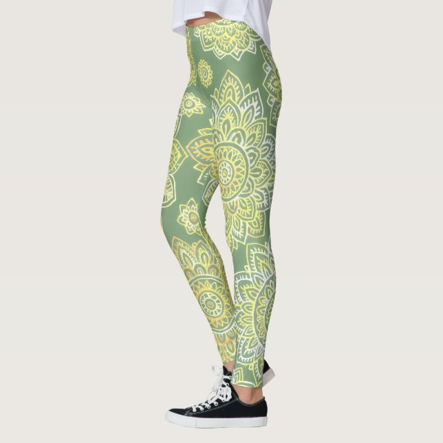 Handgezeichnetes Mandala Boho Salbeigrün Leggings (Links)