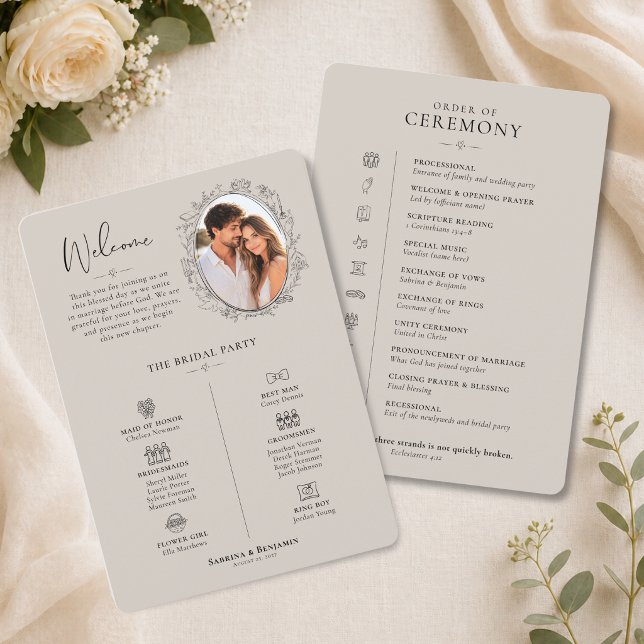 Handgezeichnetes minimalistisches Zeremonieprogram Programm (Hand Drawn Wedding Program with Photo)