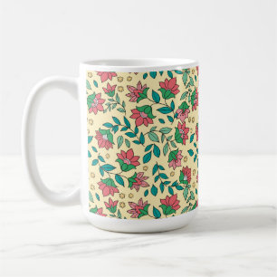 Handgezeichnetes Muster aus gepressten Blumen und Kaffeetasse