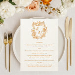 Handgezeichnetes Orangenmongramm-Wappen Menükarte<br><div class="desc">Bringen Sie Ihrem Empfang eine lustige und charmante Touch mit dieser handgezeichneten Wappen Blumen Orange Monogram Wedding Menu Card. Mit einem lässigen, skurrilen Wappen und einem Monogramm-Design in einer goldenen Orange eignet sich diese Karte hervorragend für eine entspannte Gartenhochzeit, eine Hochzeit im Sommer, eine Feier im Freien oder einen Hochzeitsempfang...</div>