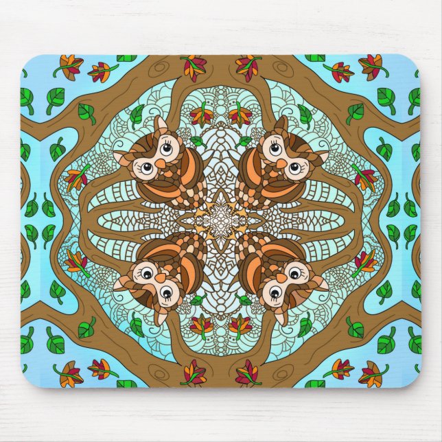 Handgezeichnetes Owl Mandala Artwork  Mousepad (Vorne)