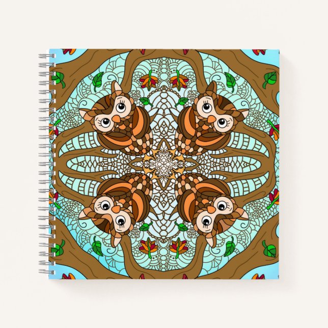 Handgezeichnetes Owl Mandala Artwork Notizbuch (Vorderseite)