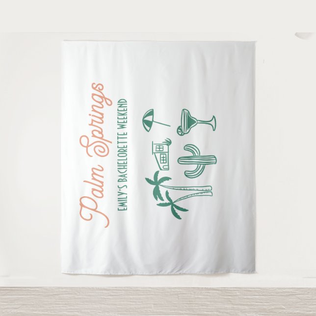 Handgezeichnetes Palm Springs Rosa Junggesellinnen Wandteppich (Vorderseite)