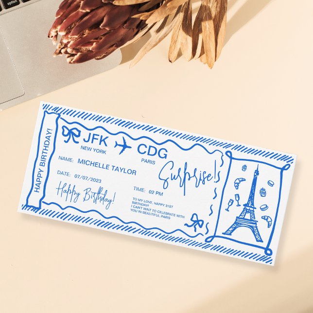 Handgezeichnetes Paris Überraschungsfahrkarte Boar Einladung (unique blue handdrawn paris boaRDING PASS)