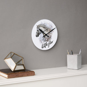 Handgezeichnetes Pferd mit Pflanzen-Wurfkissen Runde Wanduhr