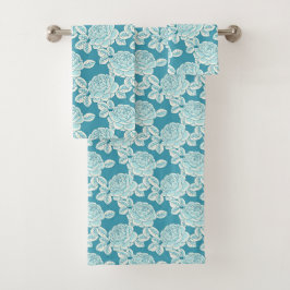 Handgezeichnetes Pfingstrosen-Blumen Blaues Handtu Badhandtuch Set