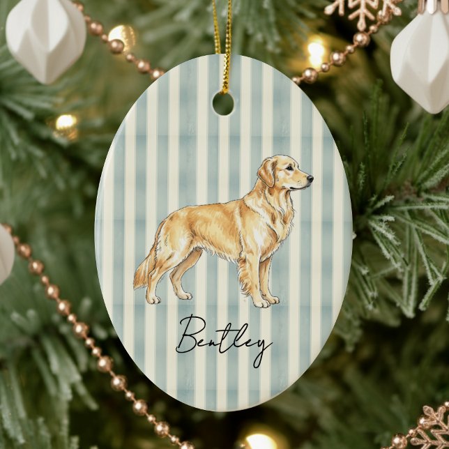 Handgezeichnetes Portrait Sketch Goldener Retrieve Keramik Ornament (Celebrate the holidays with this timeless, vintage striped pet portrait! )