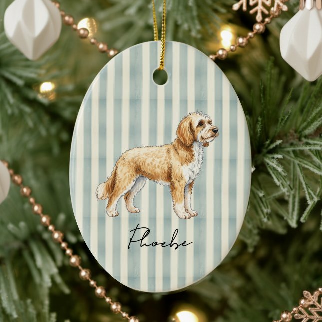 Handgezeichnetes Portrait Sketch Goldenes Doodle Keramik Ornament (Celebrate the holidays with this timeless, vintage striped pet portrait! )
