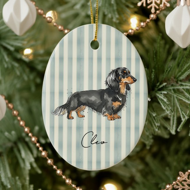 Handgezeichnetes Portrait Wasserfarbe Dackel Keramik Ornament (Celebrate the holidays with this timeless, vintage striped pet portrait! )