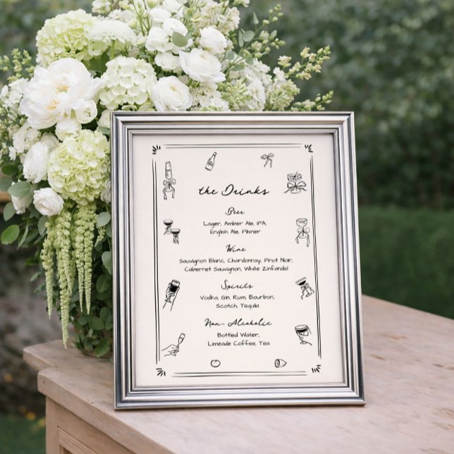 Handgezeichnetes Quirky Wedding Bar Drink Menu Poster (Von Creator hochgeladen)