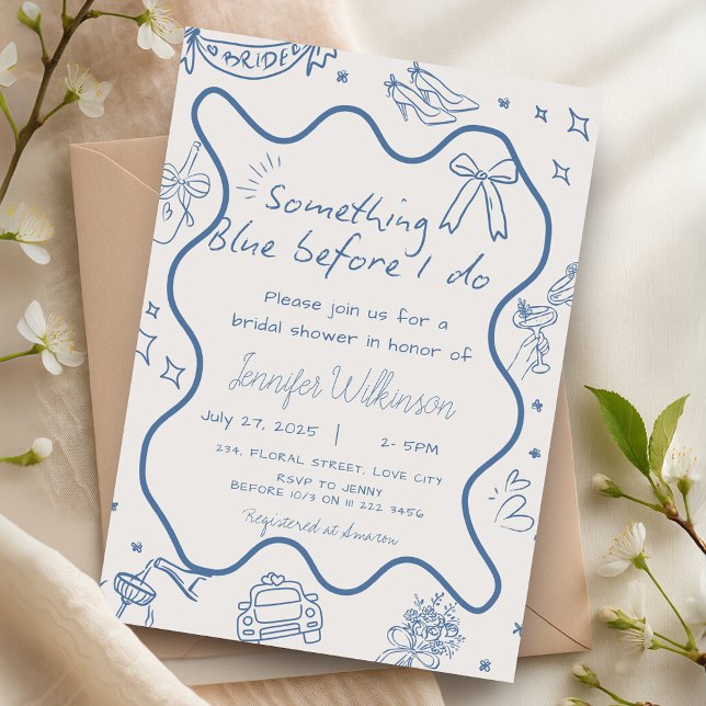 Handgezeichnetes Retro etwas Blaues Brautparty Einladung (Hand Drawn Retro Something Blue Bridal Shower Invitation)