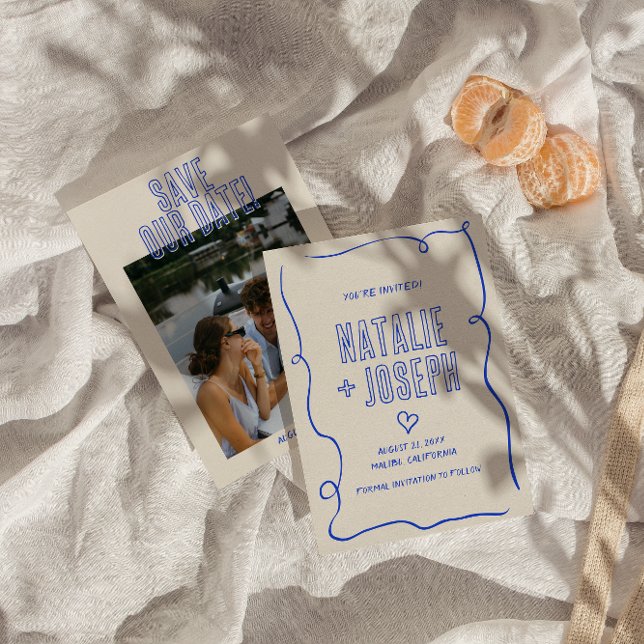 Handgezeichnetes Retro Fett Quirky Foto Hochzeit Save The Date (Von Creator hochgeladen)