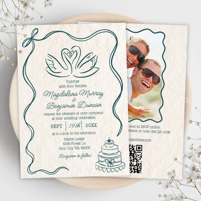 Handgezeichnetes Retro-Swans-Foto Einladung (Von Creator hochgeladen)