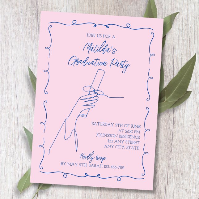 Handgezeichnetes Rosa & Blau 2024 Abschluss Einladung (Hand Drawn Pink & Blue 2024 Graduation Invitation)