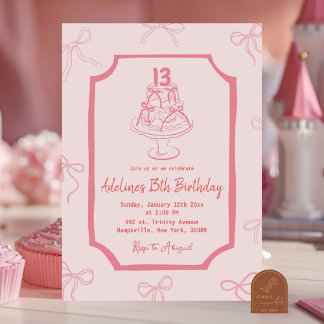 Handgezeichnetes rosa Bow Cake Geburtstagskind Einladung