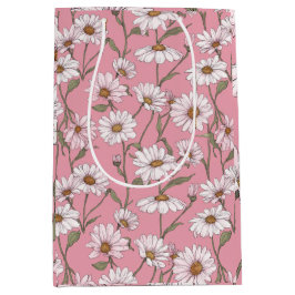 Handgezeichnetes Rosa Gänseblümchen Weißes Blumenm Mittlere Geschenktüte