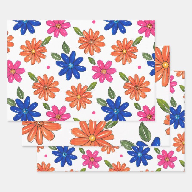 Handgezeichnetes Rosa, orange, blaue Blumen Geschenkpapier Set (Set)