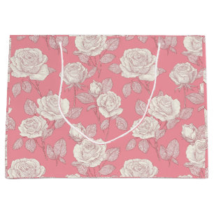 Handgezeichnetes Rosa-Rosen-Weiß-Blumenmuster Große Geschenktüte