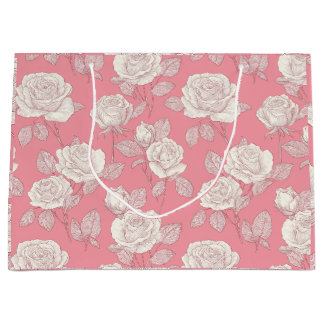 Handgezeichnetes Rosa-Rosen-Weiß-Blumenmuster Große Geschenktüte