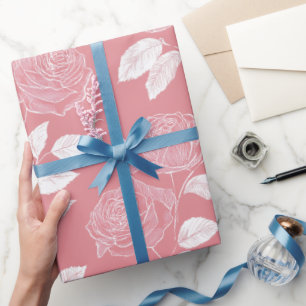 Handgezeichnetes rosa Rosen weißes Blumenmuster Geschenkpapier